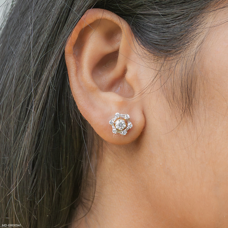 1 Carat Hexagonal Lab Diamond Cluster Stud Earrings 14K Yellow Gold