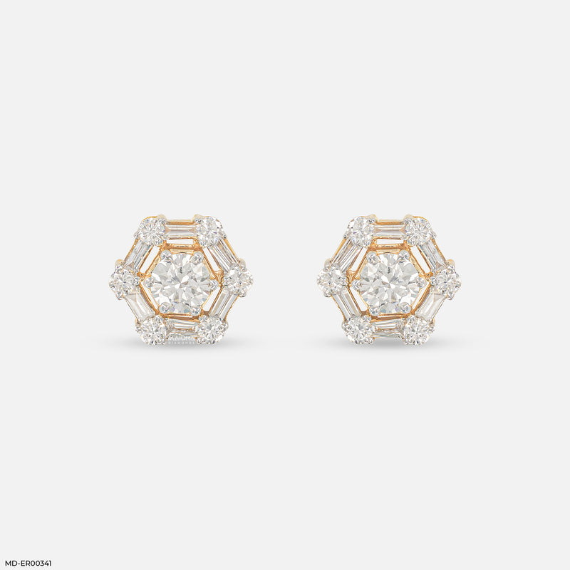 1 Carat Hexagonal Lab Diamond Cluster Stud Earrings 14K Yellow Gold