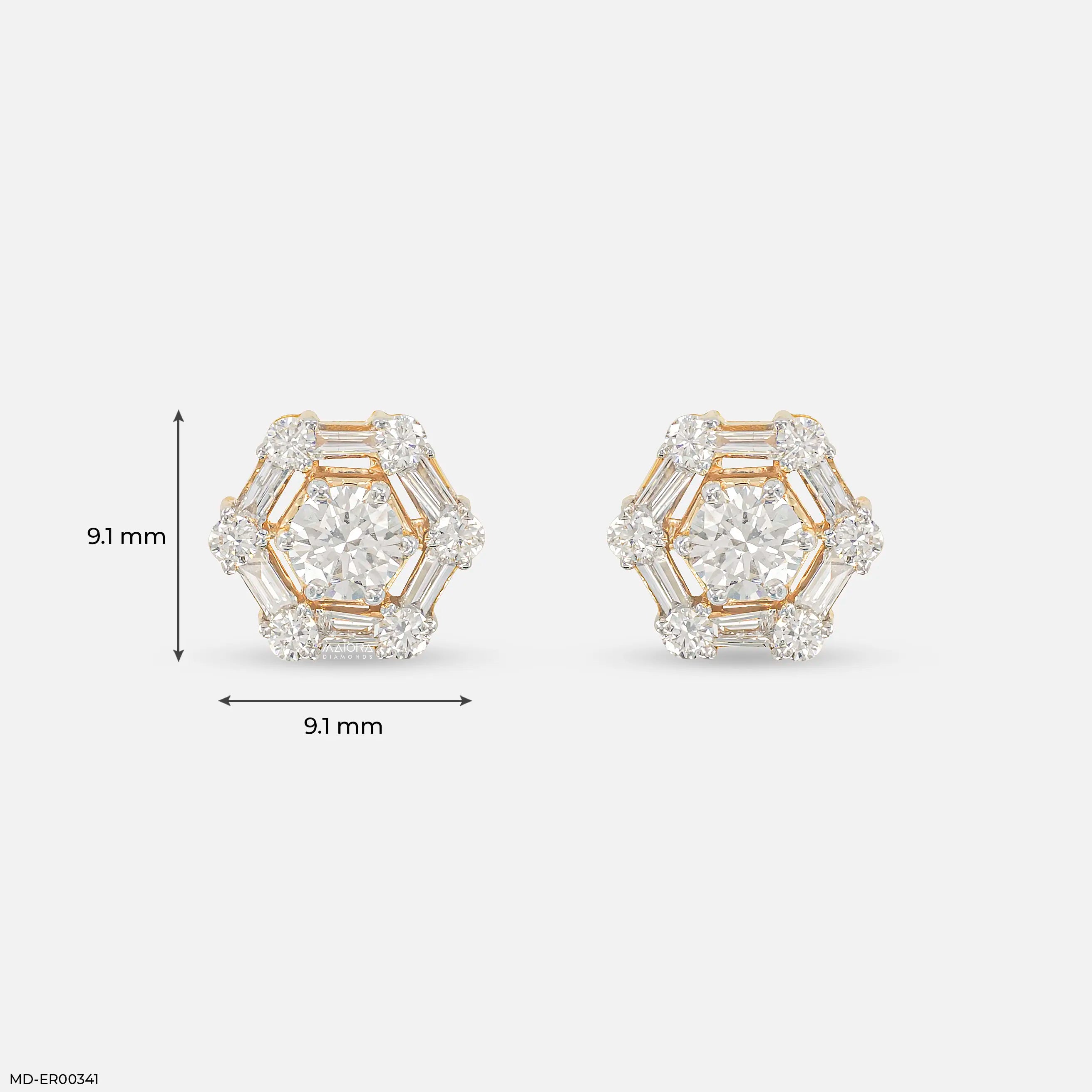 1 Carat Hexagonal Lab Diamond Cluster Stud Earrings 14K Yellow Gold