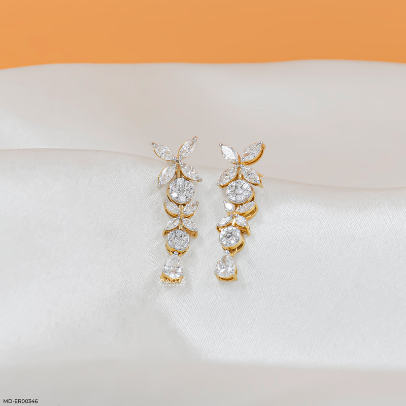 1.30 Carat Duet Floral Lab Diamond Drop Earrings 18K Yellow Gold