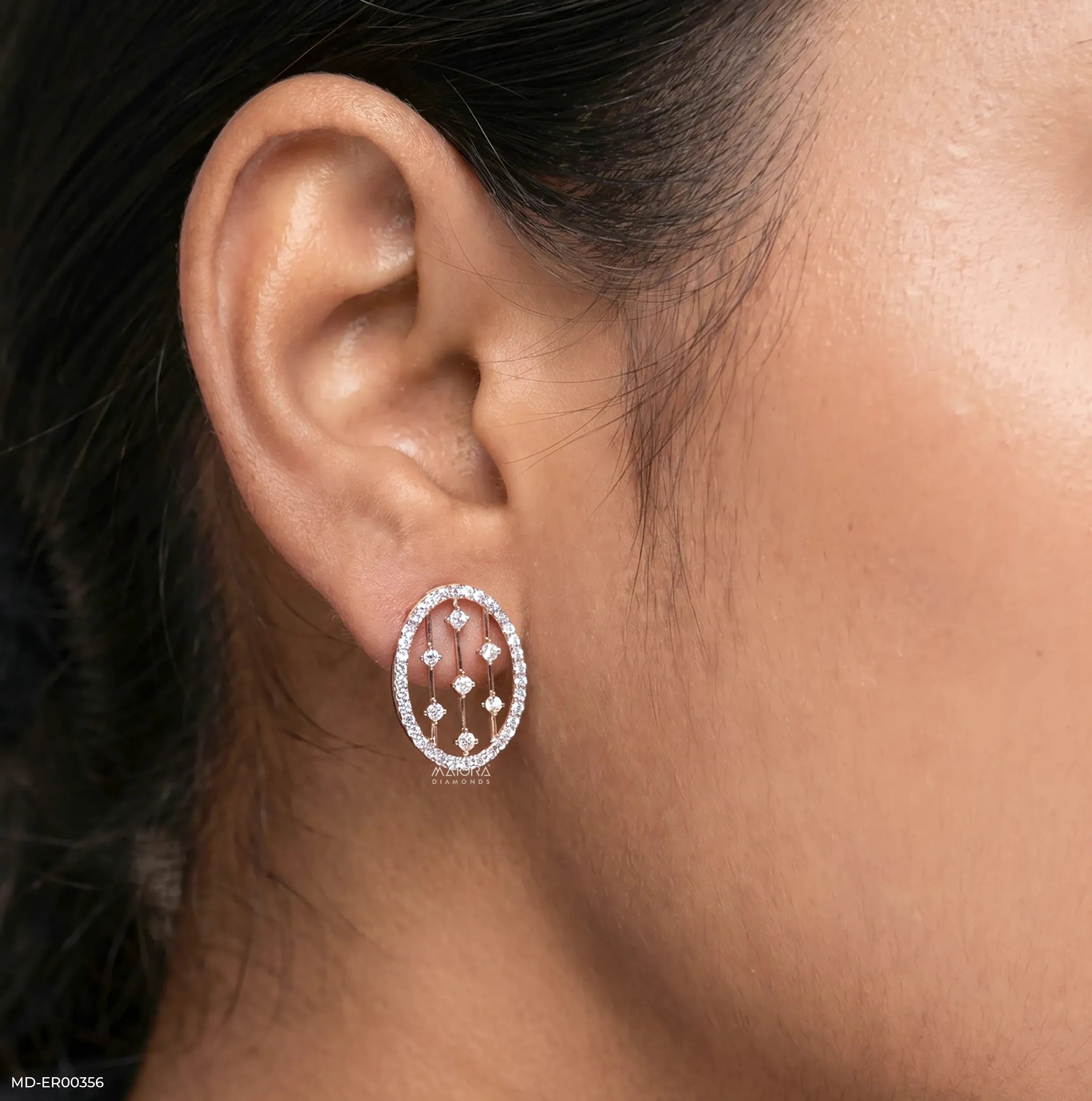 0.95 Carat Liner Lattice Oval Stud Diamond Earrings 14K Rose Gold
