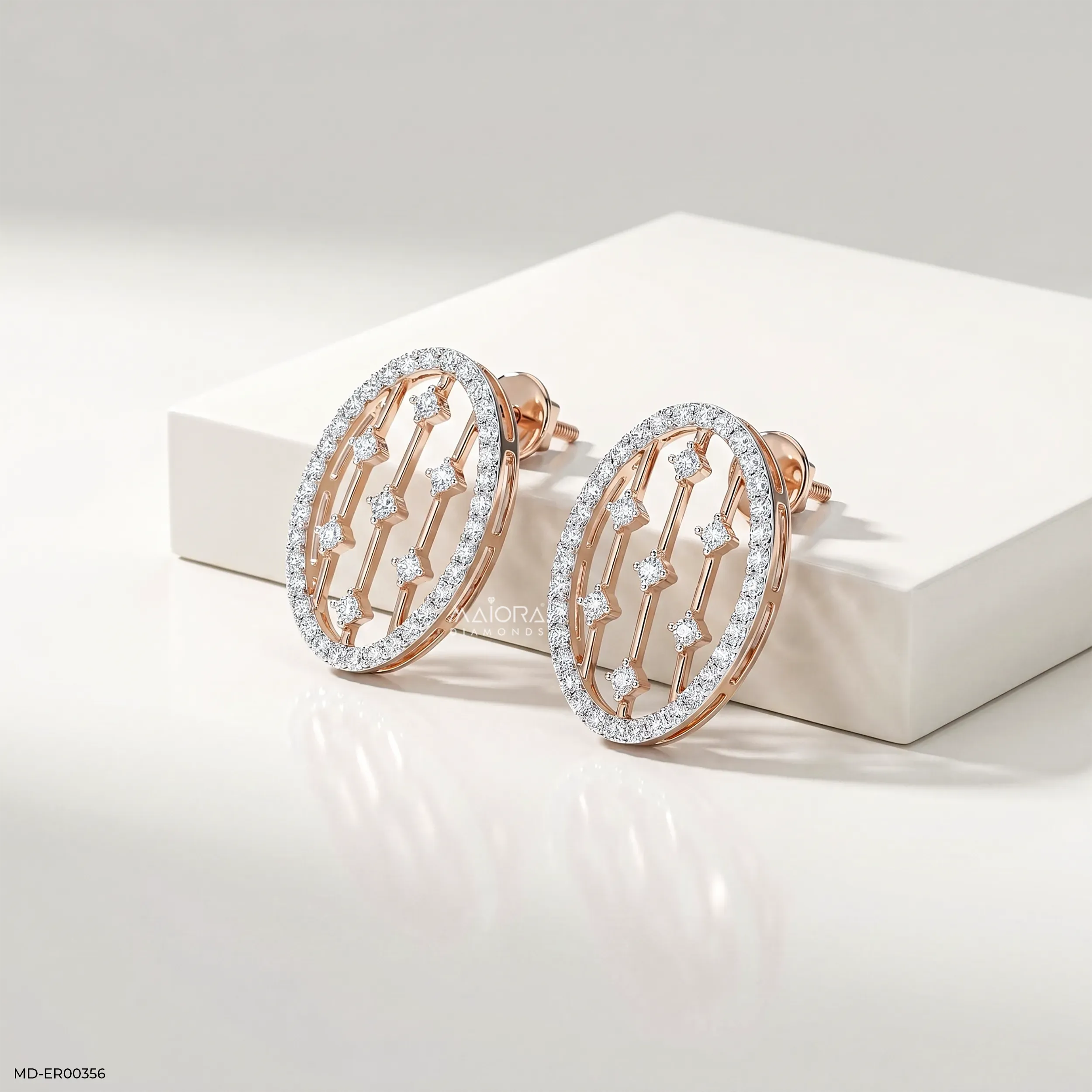 0.95 Carat Liner Lattice Oval Stud Diamond Earrings 14K Rose Gold