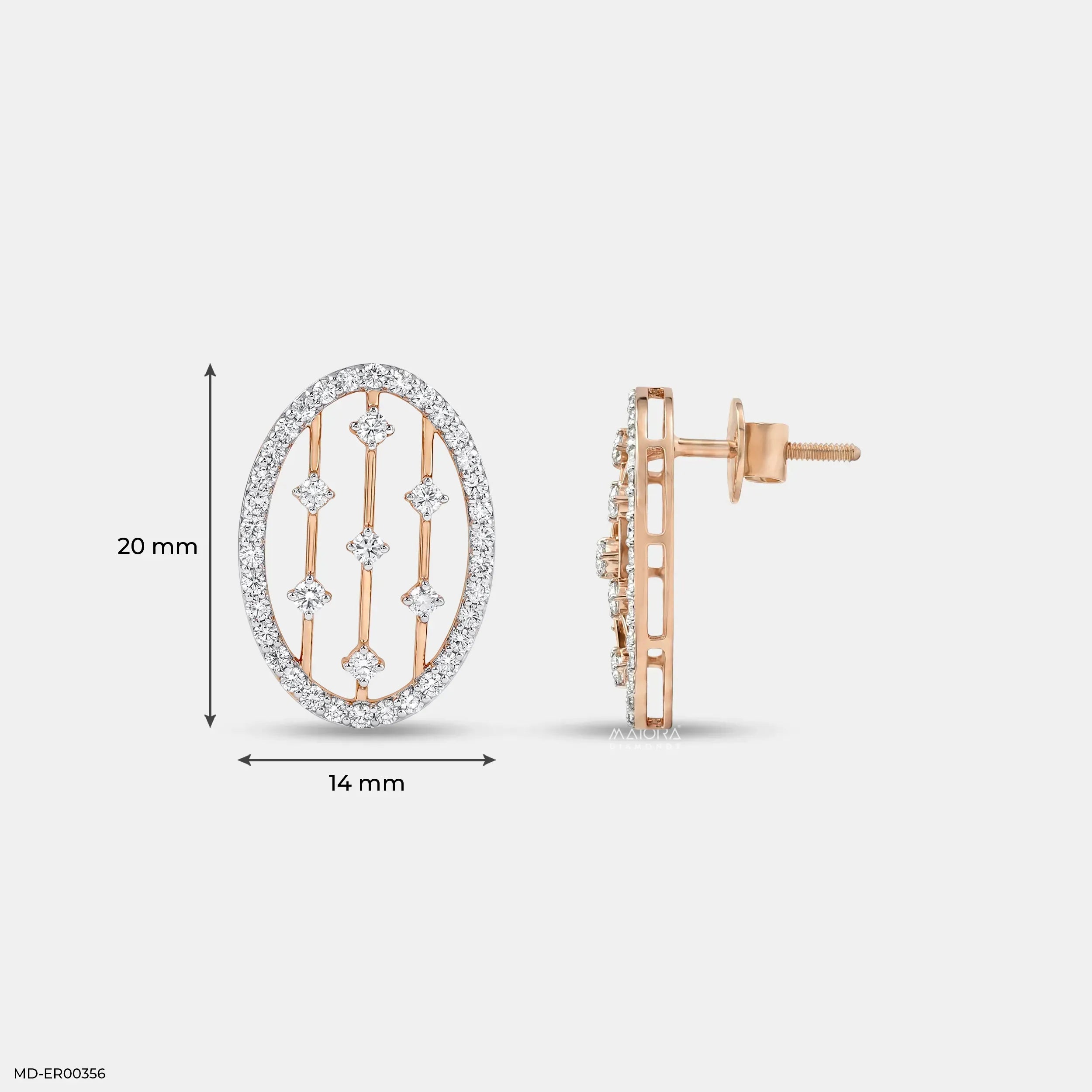 0.95 Carat Liner Lattice Oval Stud Diamond Earrings 14K Rose Gold