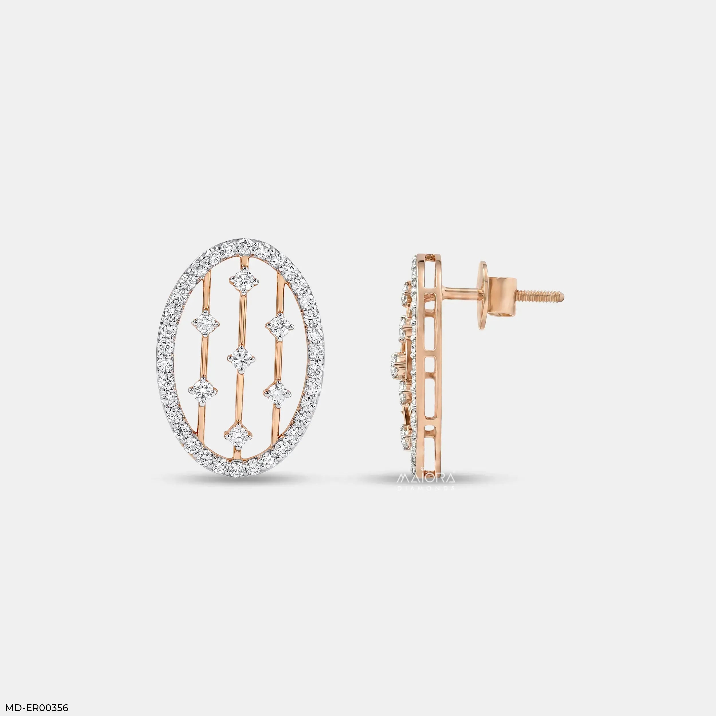 0.95 Carat Liner Lattice Oval Stud Diamond Earrings 14K Rose Gold