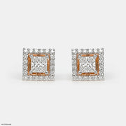Princess Halo Diamond Studs Earrings 9K Rose Gold