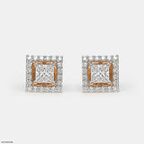 Princess Halo Diamond Studs Earrings 14K Rose Gold