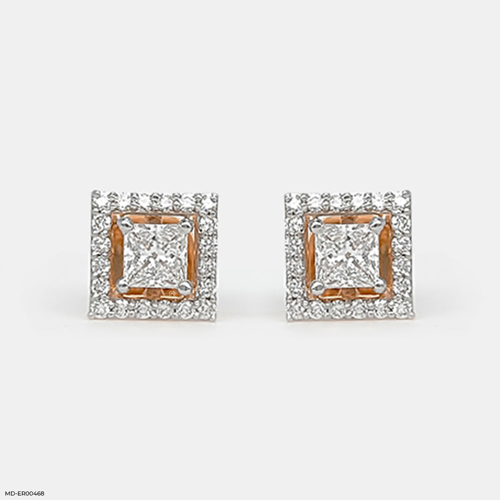 Princess Halo Diamond Studs Earrings 14K Yellow Gold