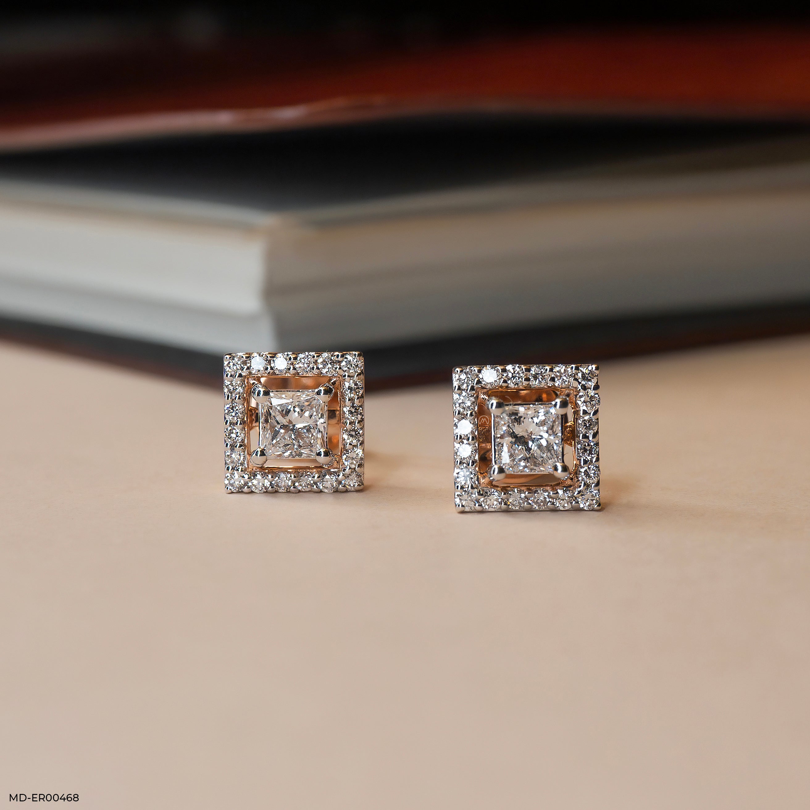 Princess Halo Diamond Studs Earrings 9K Rose Gold