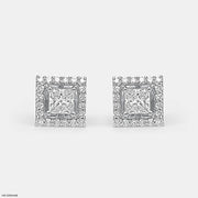 Princess Halo Diamond Studs Earrings 9K White Gold