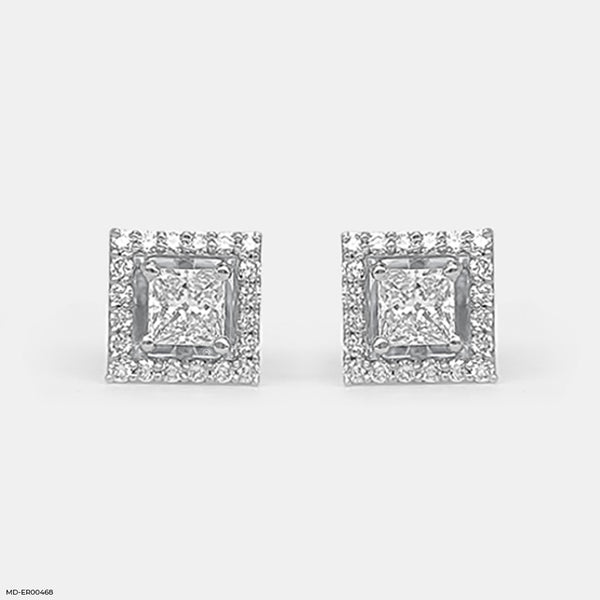 Princess Halo Diamond Studs Earrings 14K White Gold