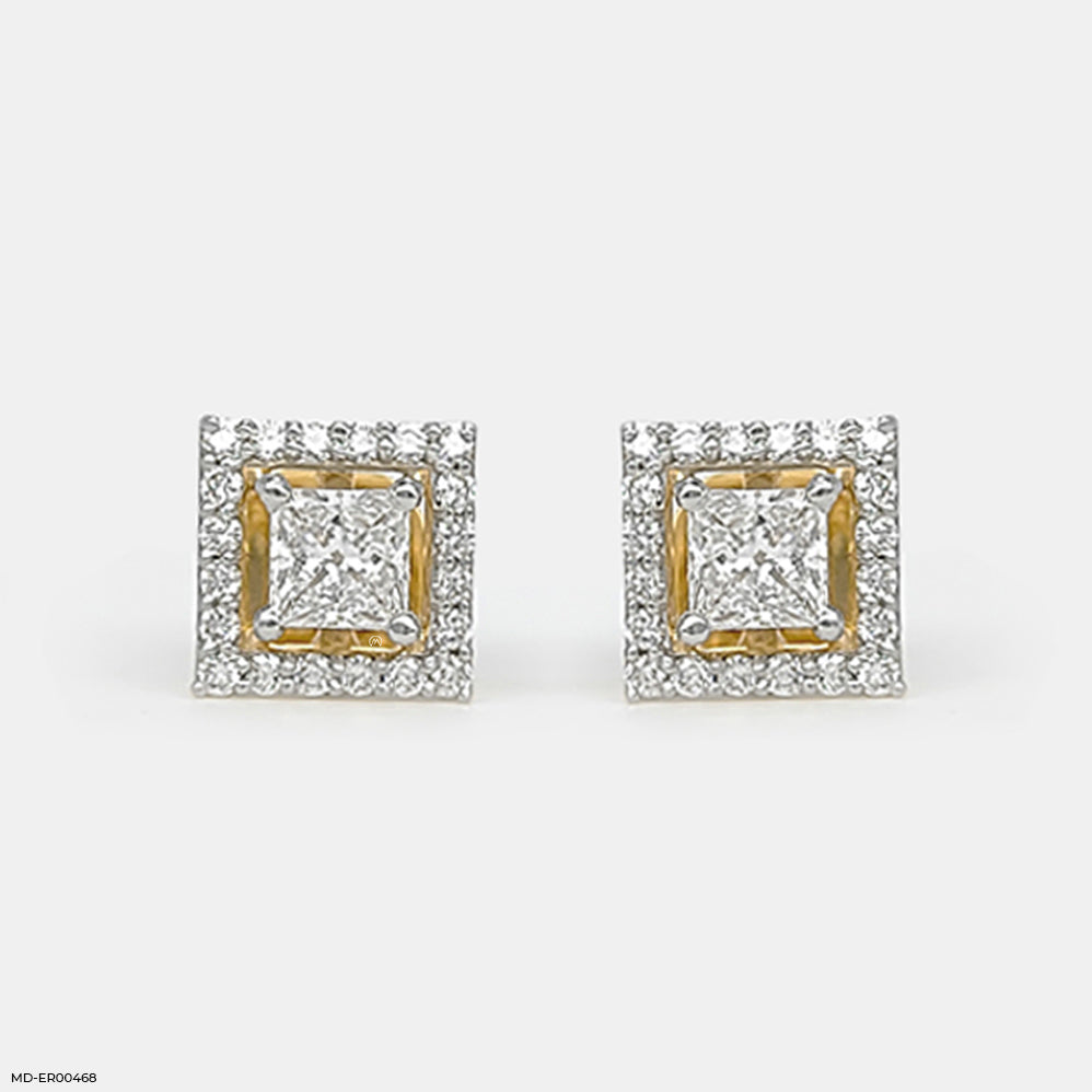 Princess Halo Diamond Studs Earrings 14K Yellow Gold