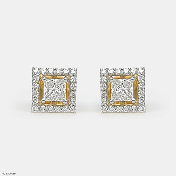 Princess Halo Diamond Studs Earrings 14K Yellow Gold