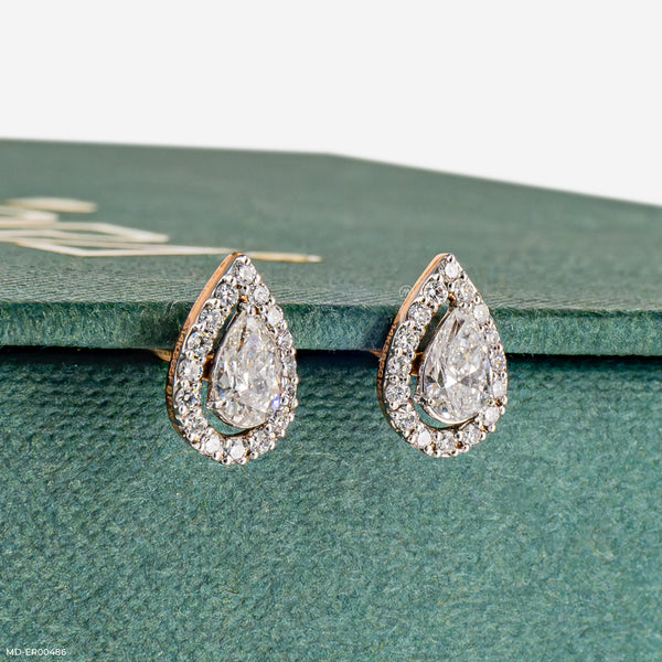 Pointer Pear Halo Diamond Earrings 14K Yellow Gold