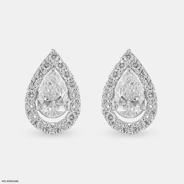 Pointer Pear Halo Diamond Earrings 18K White Gold