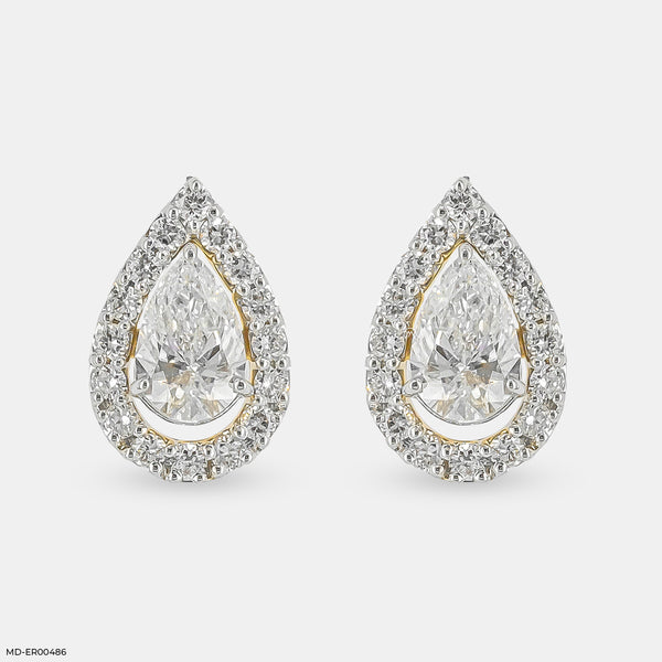 Pointer Pear Halo Diamond Earrings 14K Yellow Gold