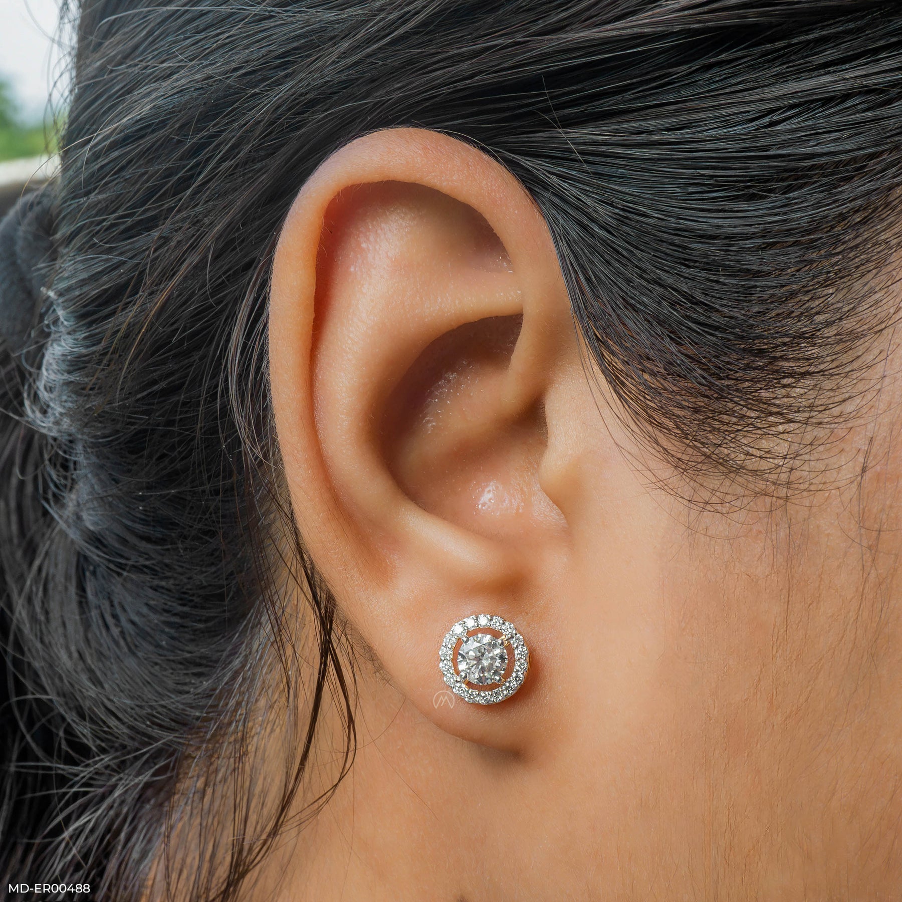 1 Carat Round Solitaire Halo Earrings 14K Rose Gold