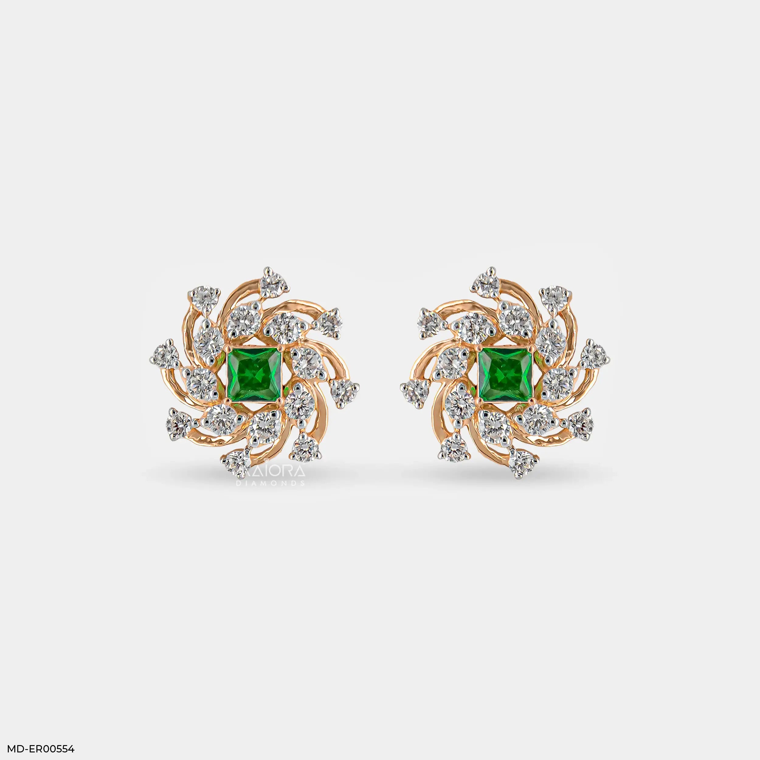 Spiral Arc Emerald Diamond Earrings