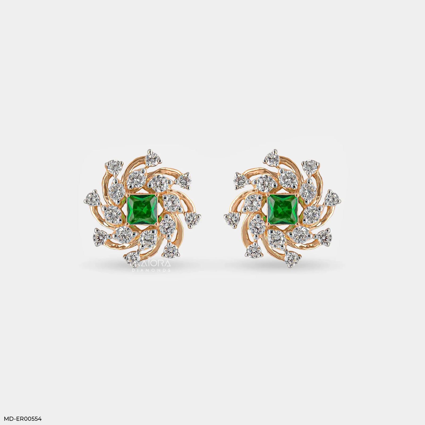 Spiral Arc Emerald Diamond Earrings  9K Yellow Gold