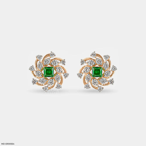 Spiral Arc Emerald Diamond Earrings  9K Yellow Gold
