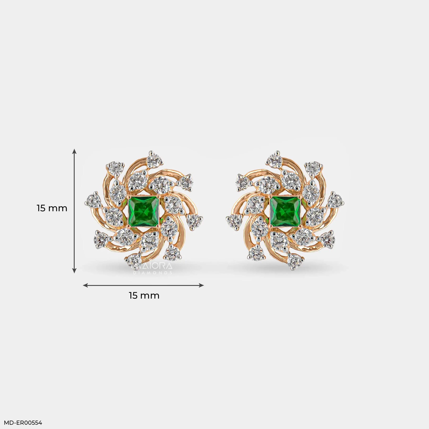 Spiral Arc Emerald Diamond Earrings  9K Yellow Gold