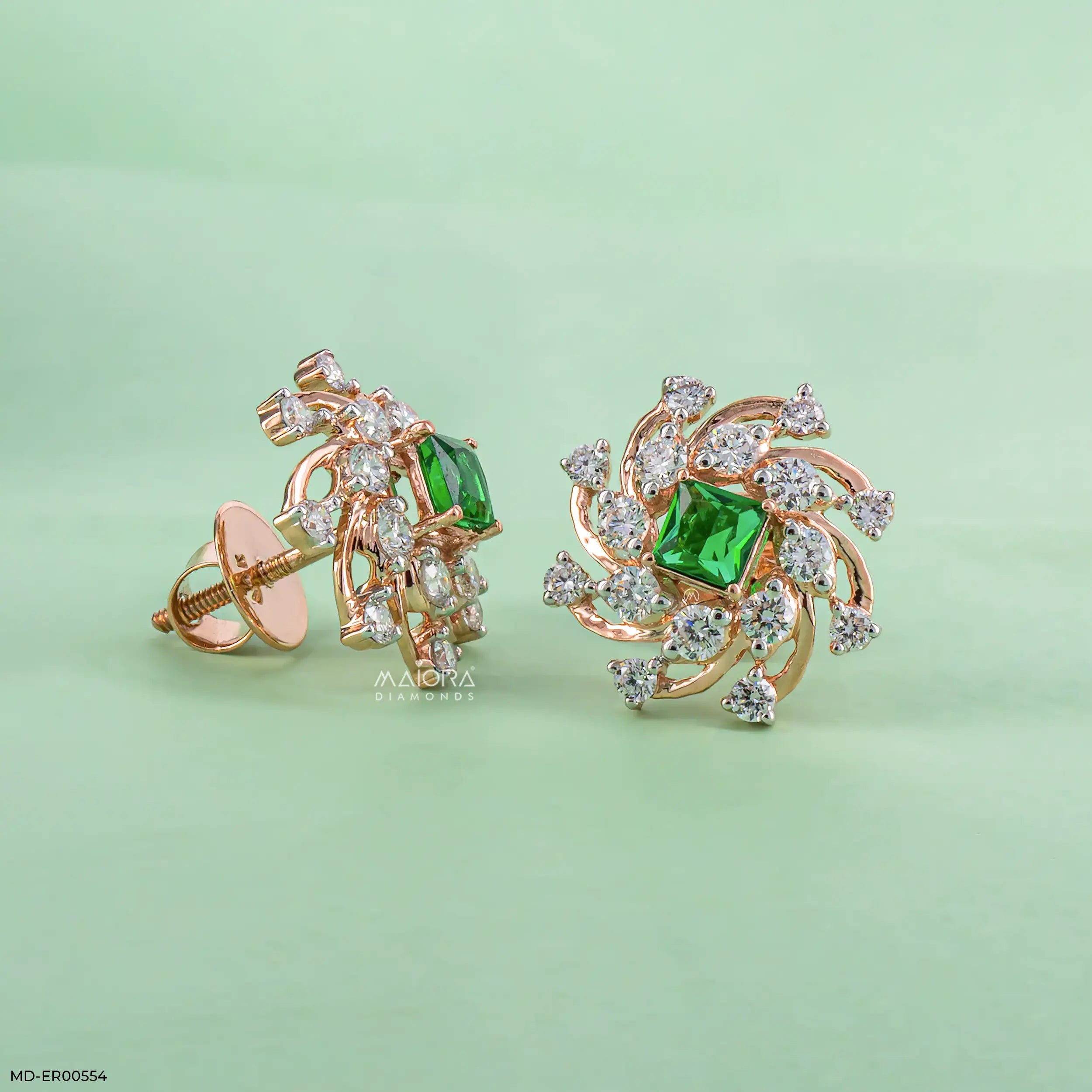 Spiral Arc Emerald Diamond Earrings  Platinum 950