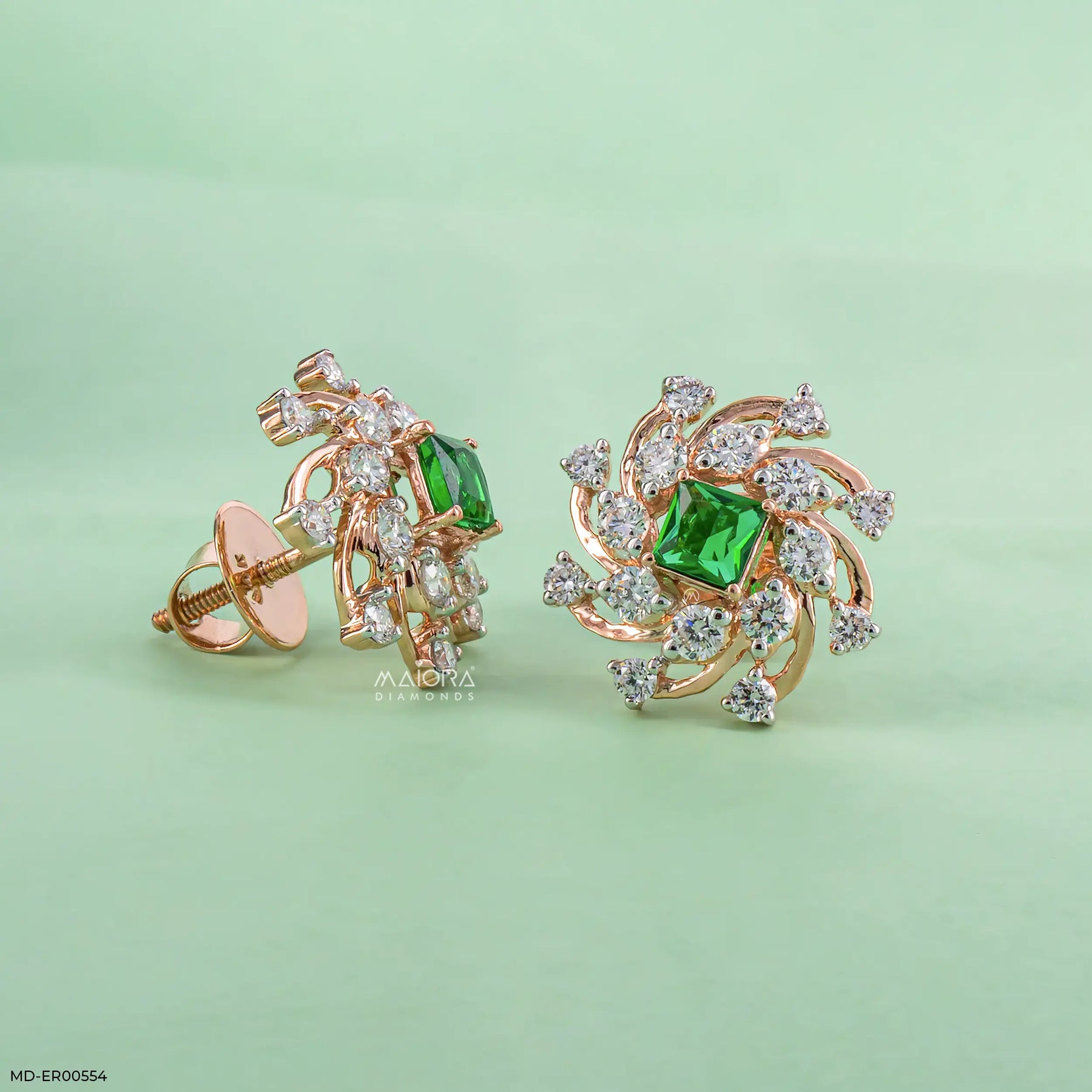 Spiral Arc Emerald Diamond Earrings  9K Yellow Gold