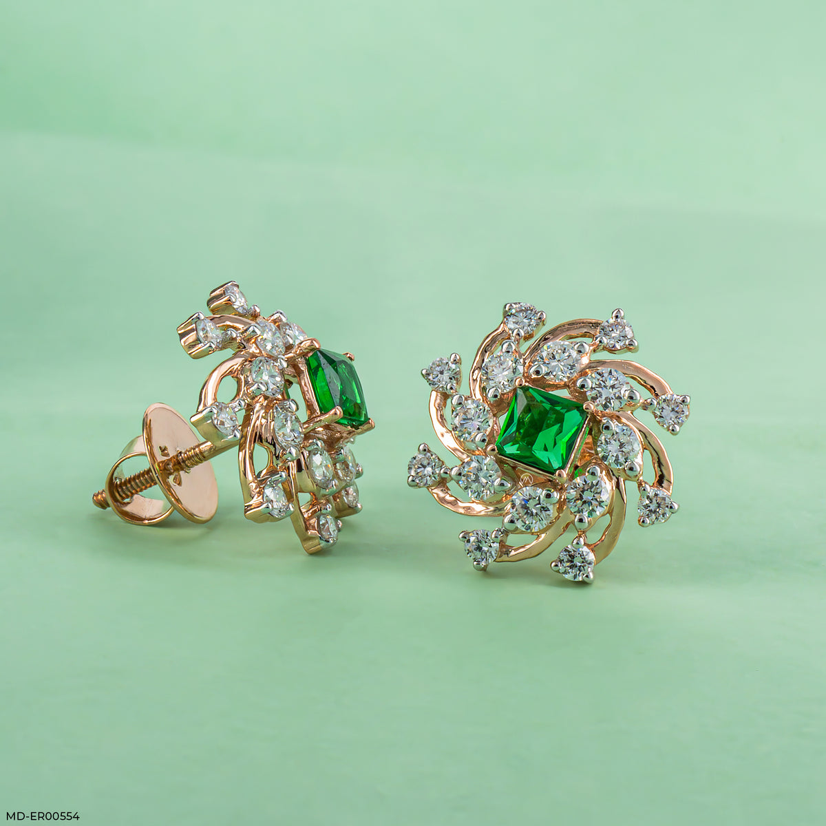 Spiral Arc Emerald Diamond Earrings