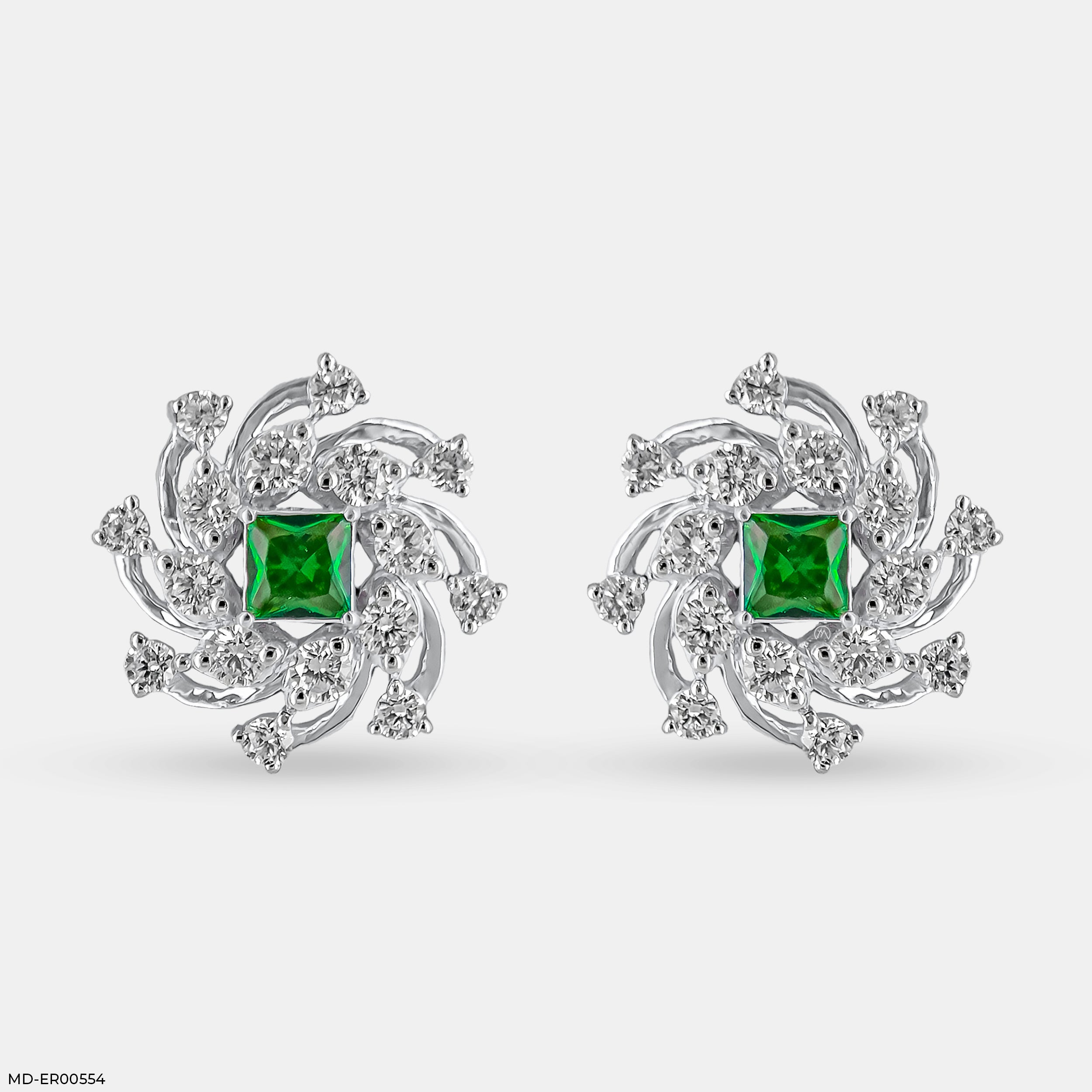 Spiral Arc Emerald Diamond Earrings  Platinum 950