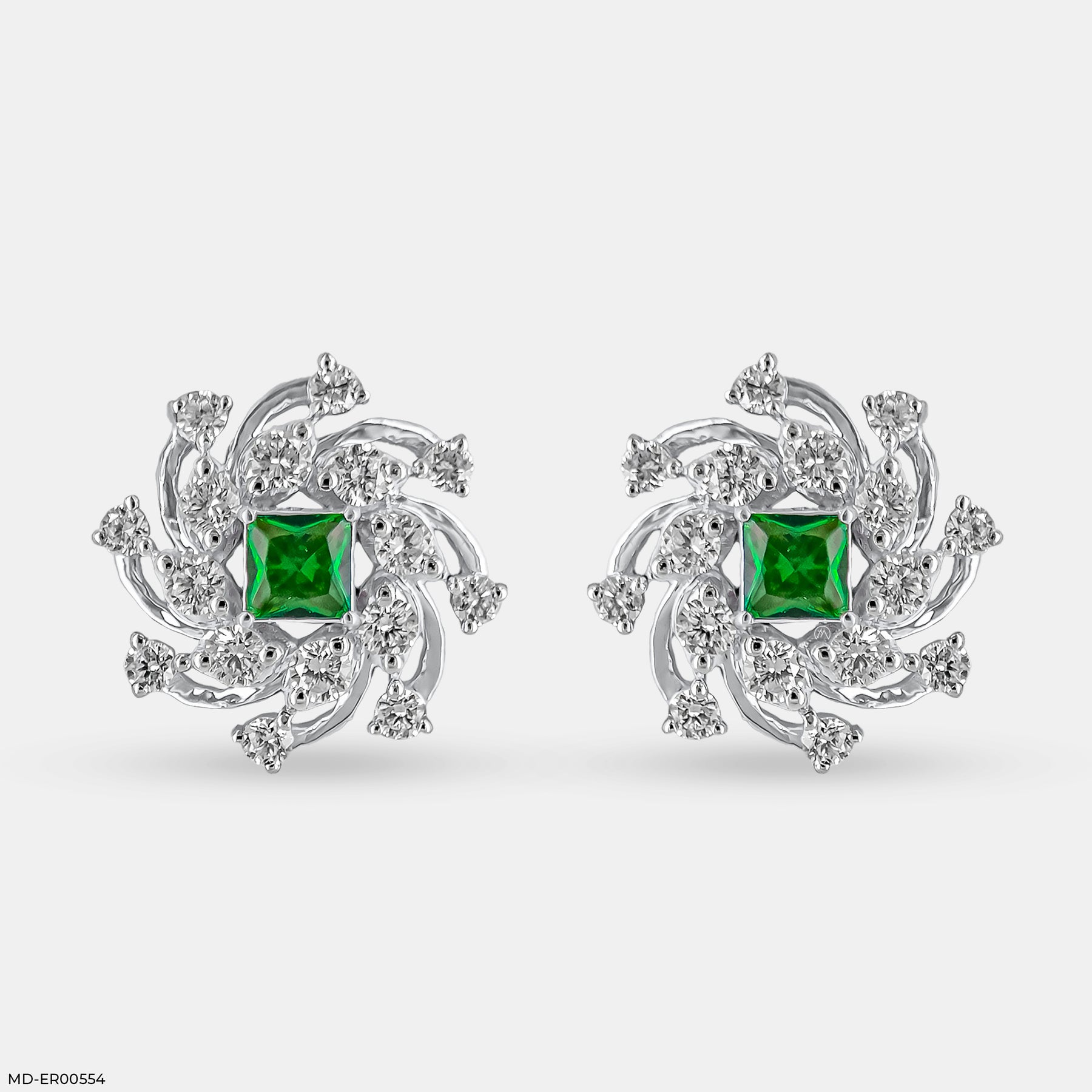 Spiral Arc Emerald Diamond Earrings  9K Yellow Gold