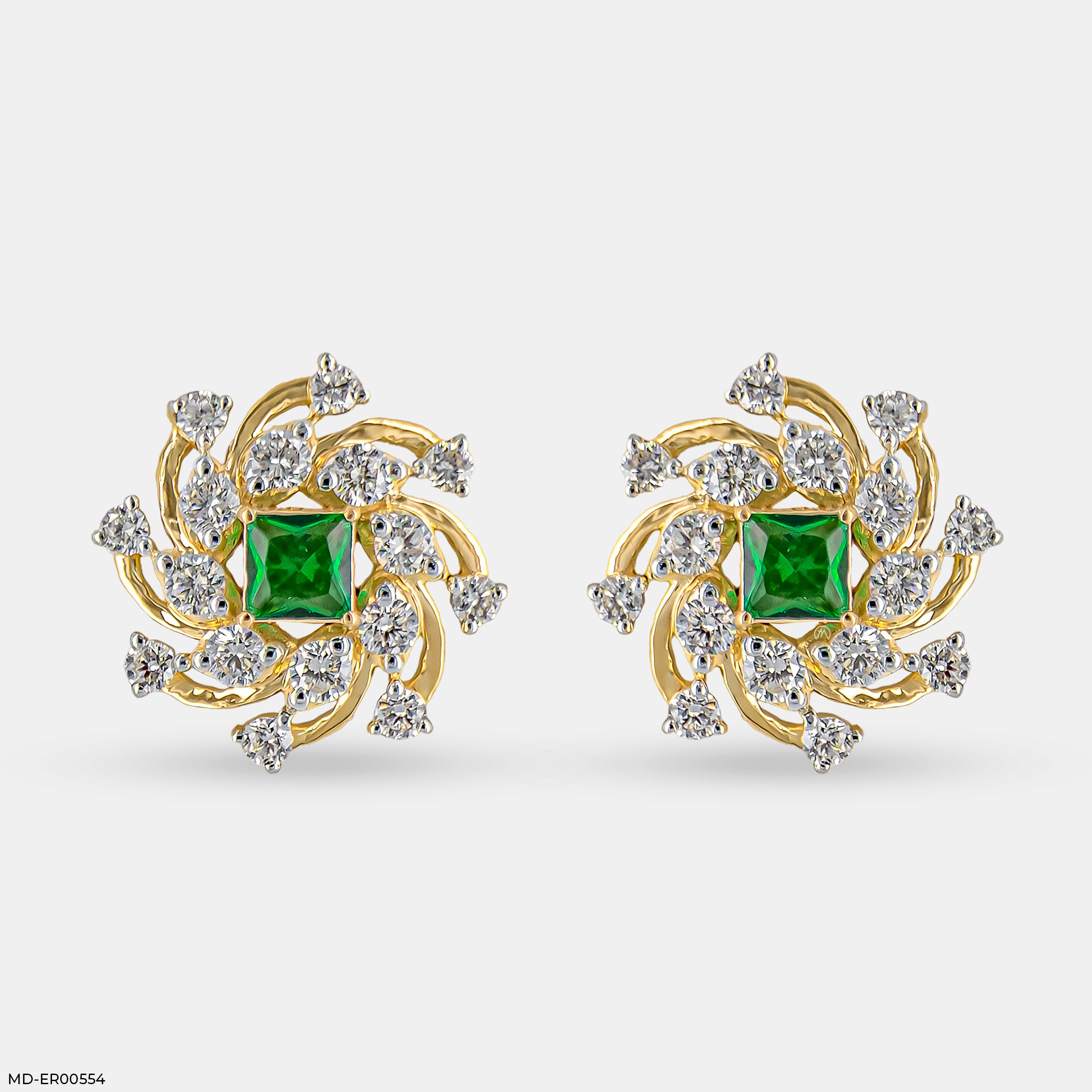 Spiral Arc Emerald Diamond Earrings  18K Yellow Gold