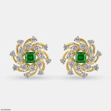 Spiral Arc Emerald Diamond Earrings  9K Yellow Gold