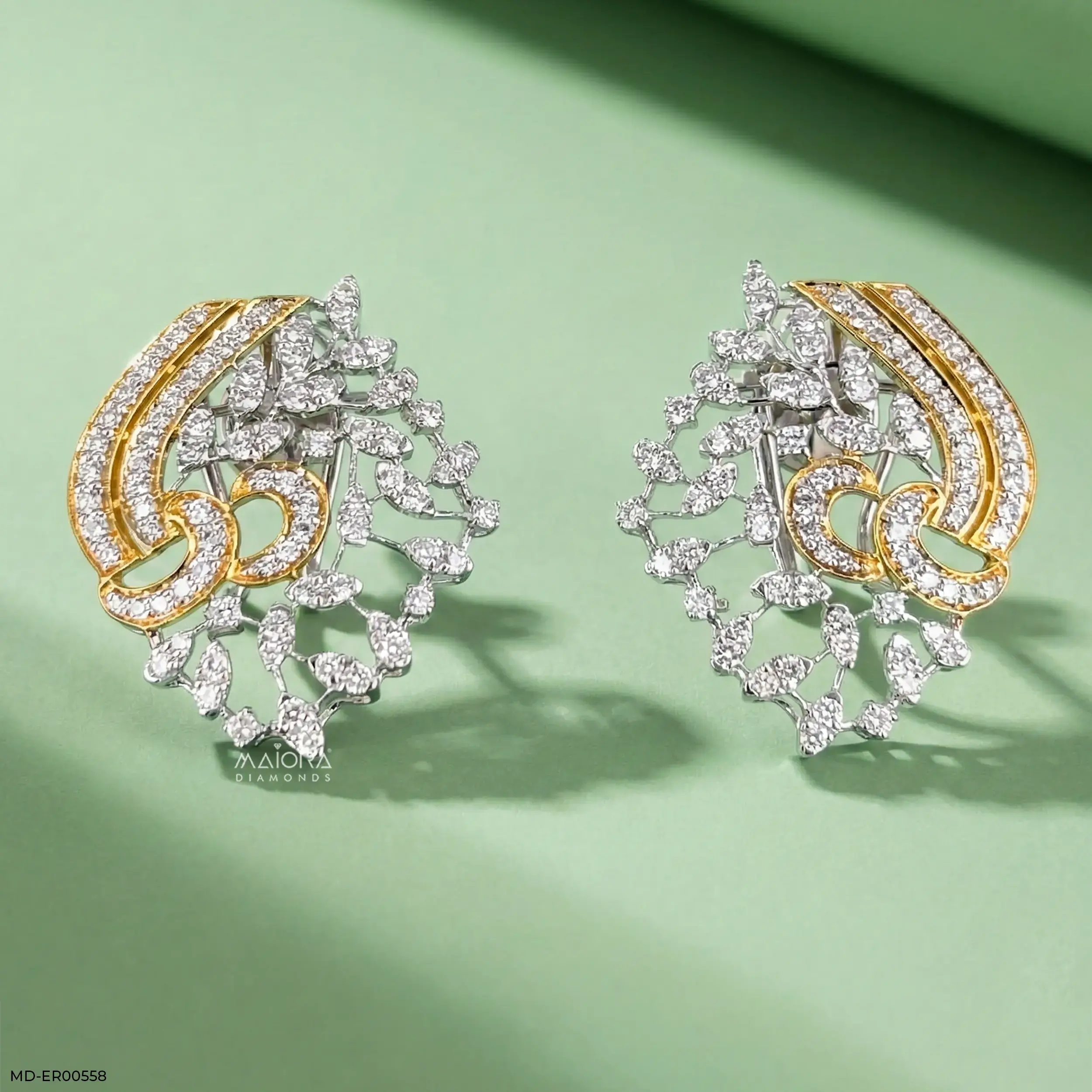 Dual-Tone Swirls Diamond Earrings 9K Yellow Gold
