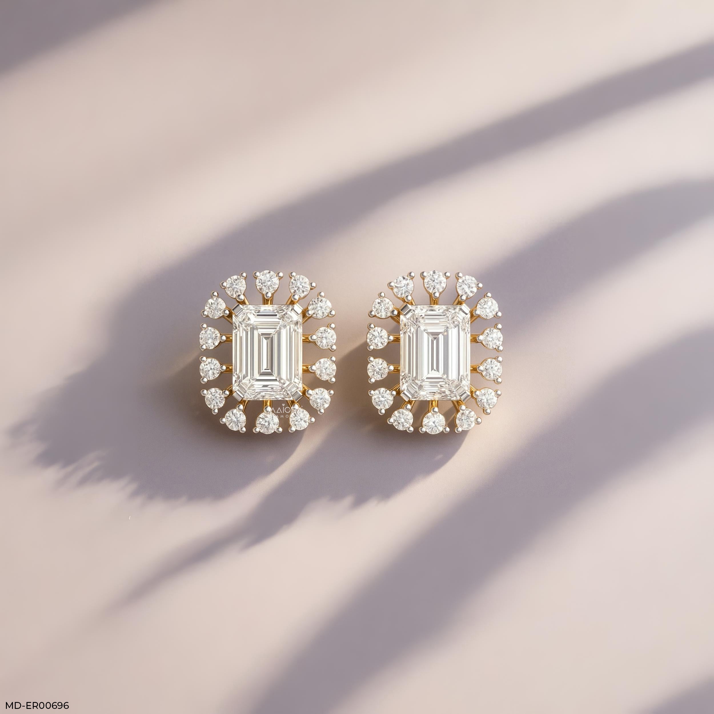 Radiant Emerald Halo Studs 9K Yellow Gold