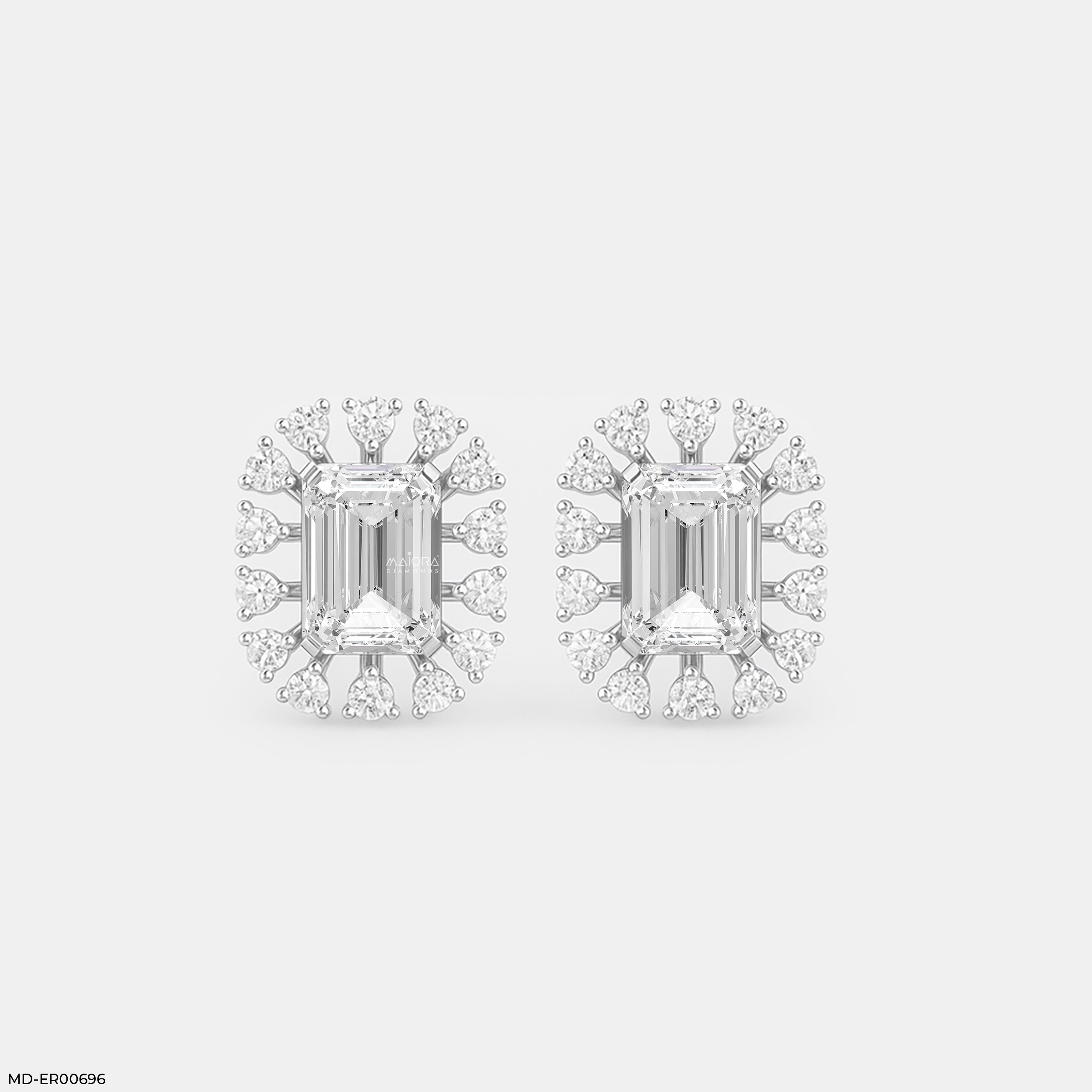 Radiant Emerald Halo Studs 14K White Gold