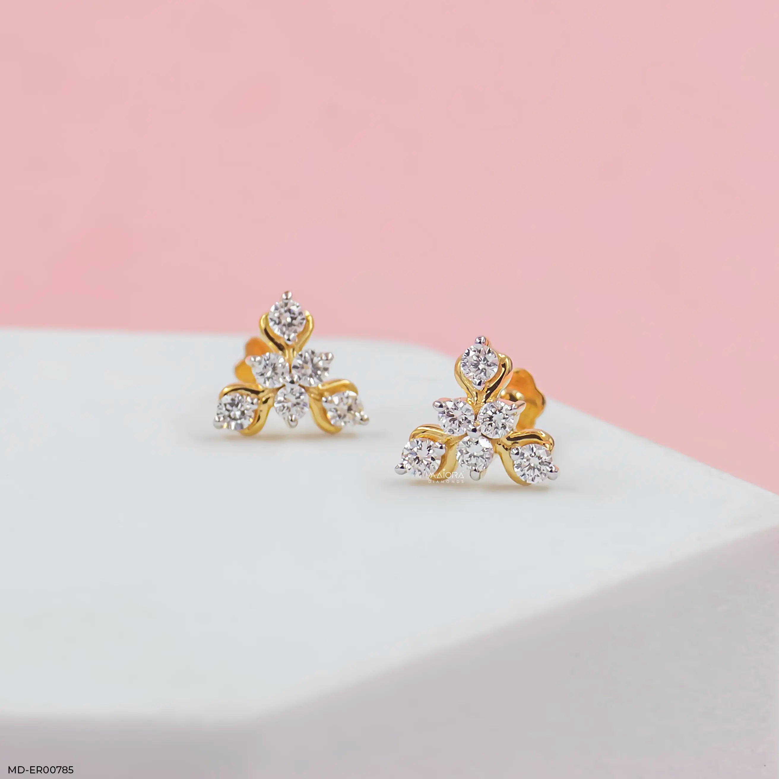Golden Triangular Diamond Stud Earrings 18K White Gold