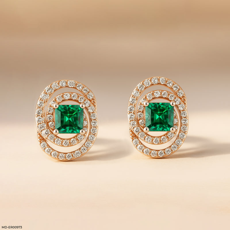 Oval Emerald Halo Stud Earrings 18K Yellow Gold