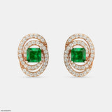 Oval Emerald Halo Stud Earrings 18K Yellow Gold