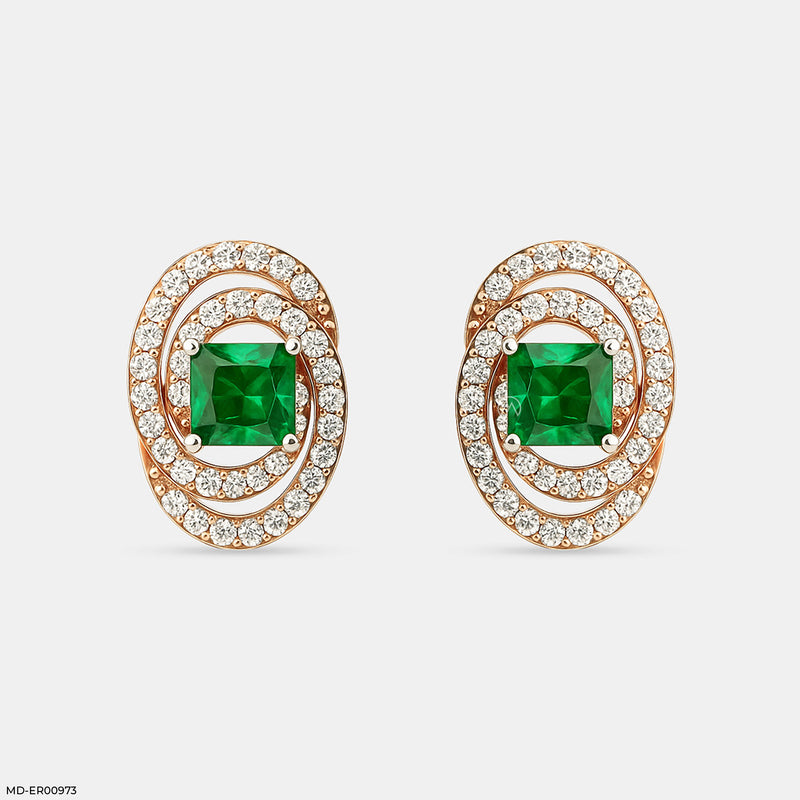 Oval Emerald Halo Stud Earrings 18K Yellow Gold