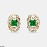Oval Emerald Halo Stud Earrings 18K Yellow Gold