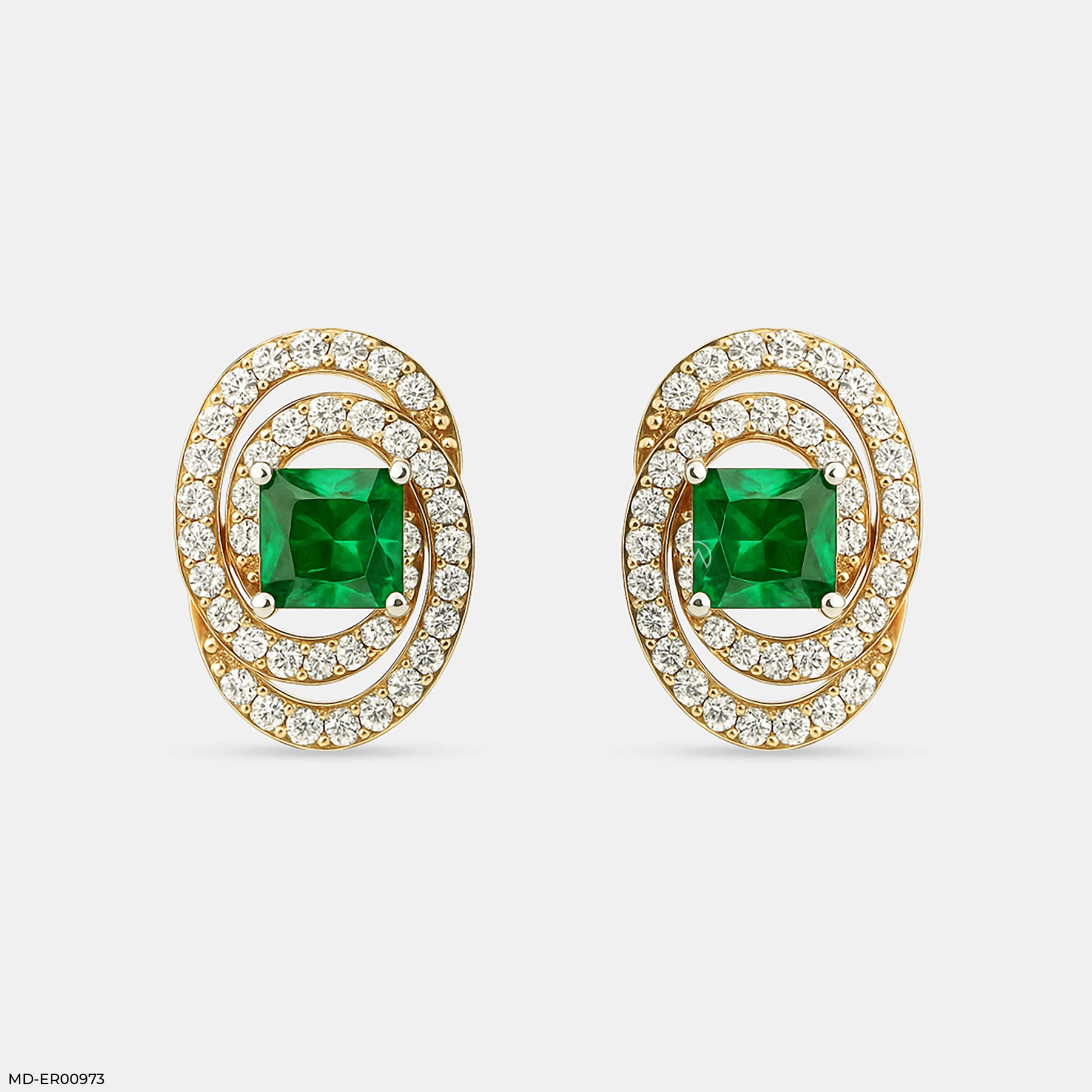 Oval Emerald Halo Stud Earrings 14K Yellow Gold