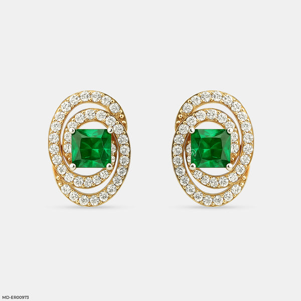 Oval Emerald Halo Stud Earrings 18K Yellow Gold