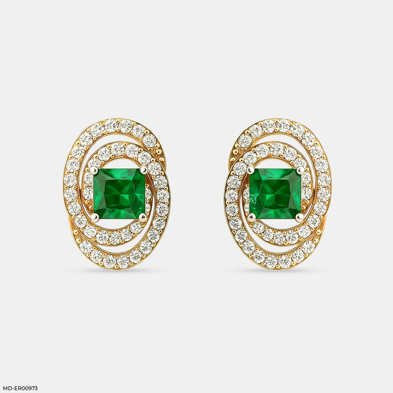 Oval Emerald Halo Stud Earrings 18K Yellow Gold