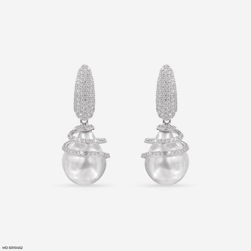 Pearl Drop Hip Hop Diamond Earrings 14K White Gold