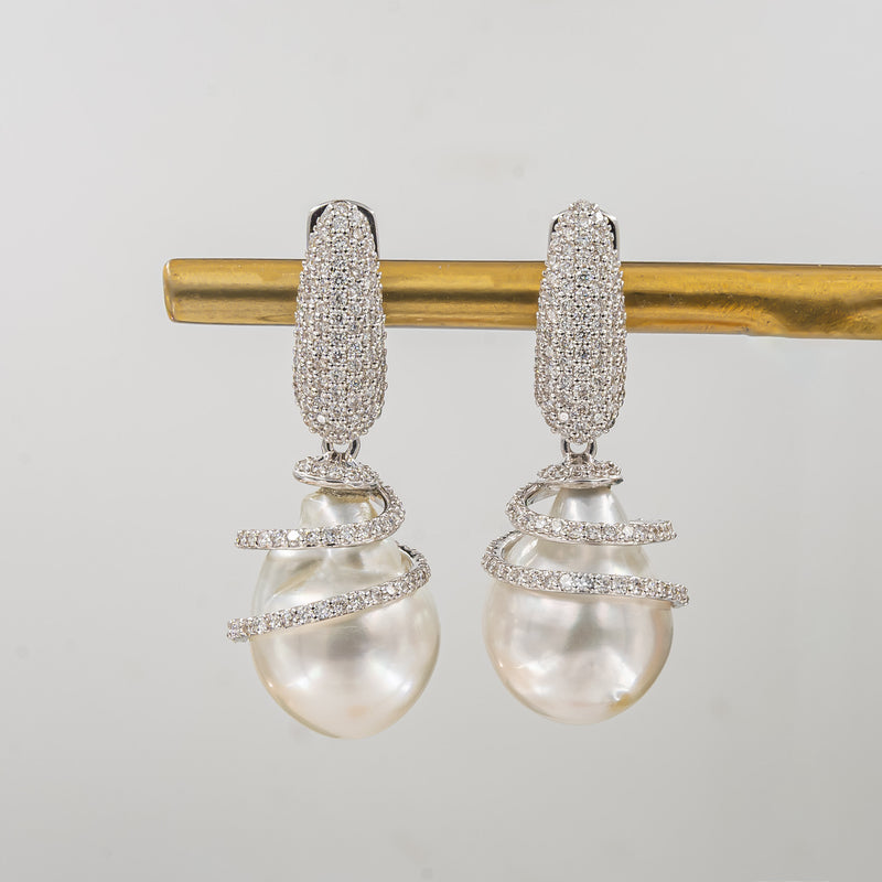 Pearl Drop Hip Hop Diamond Earrings 14K White Gold