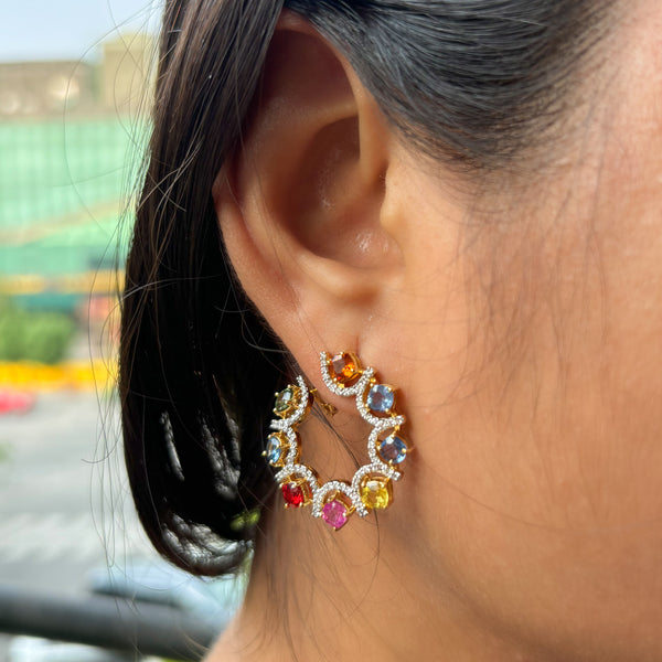 Rainbow Diamond Hoops Earrings 14K Yellow Gold