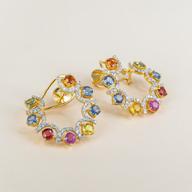 Rainbow Diamond Hoops Earrings 14K White Gold