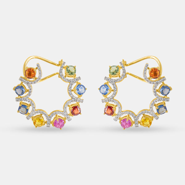 Rainbow Diamond Hoops Earrings 14K Yellow Gold