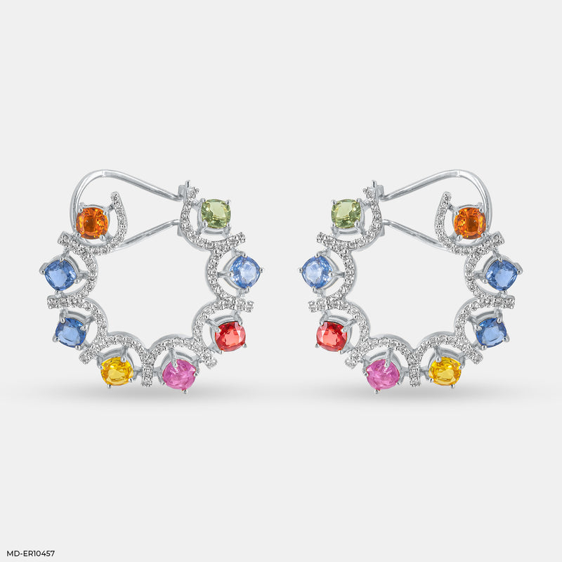 Rainbow Diamond Hoops Earrings 14K White Gold