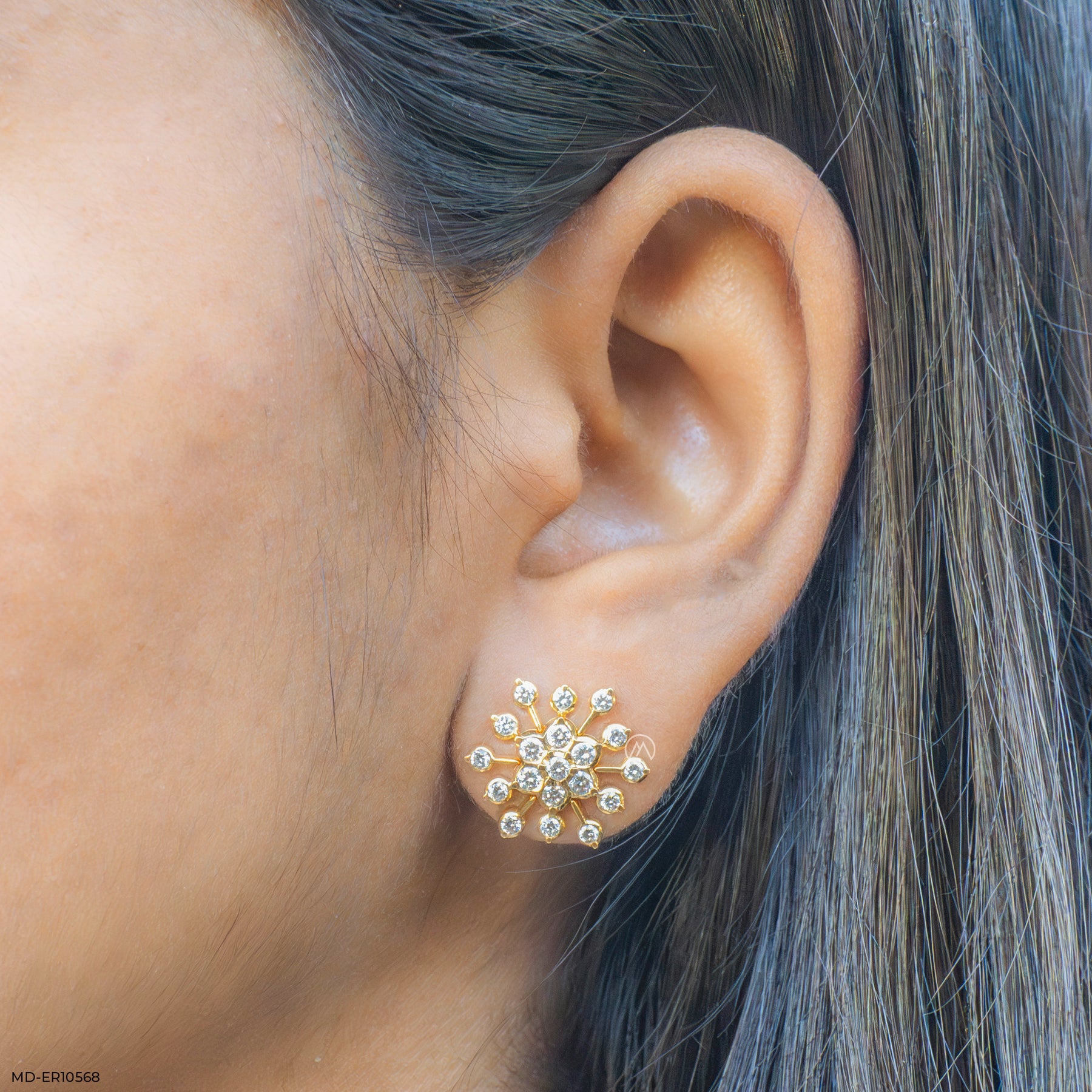 1.25 Carat Round Cluster Starburst Lab Diamond Studs 22K Yellow Gold