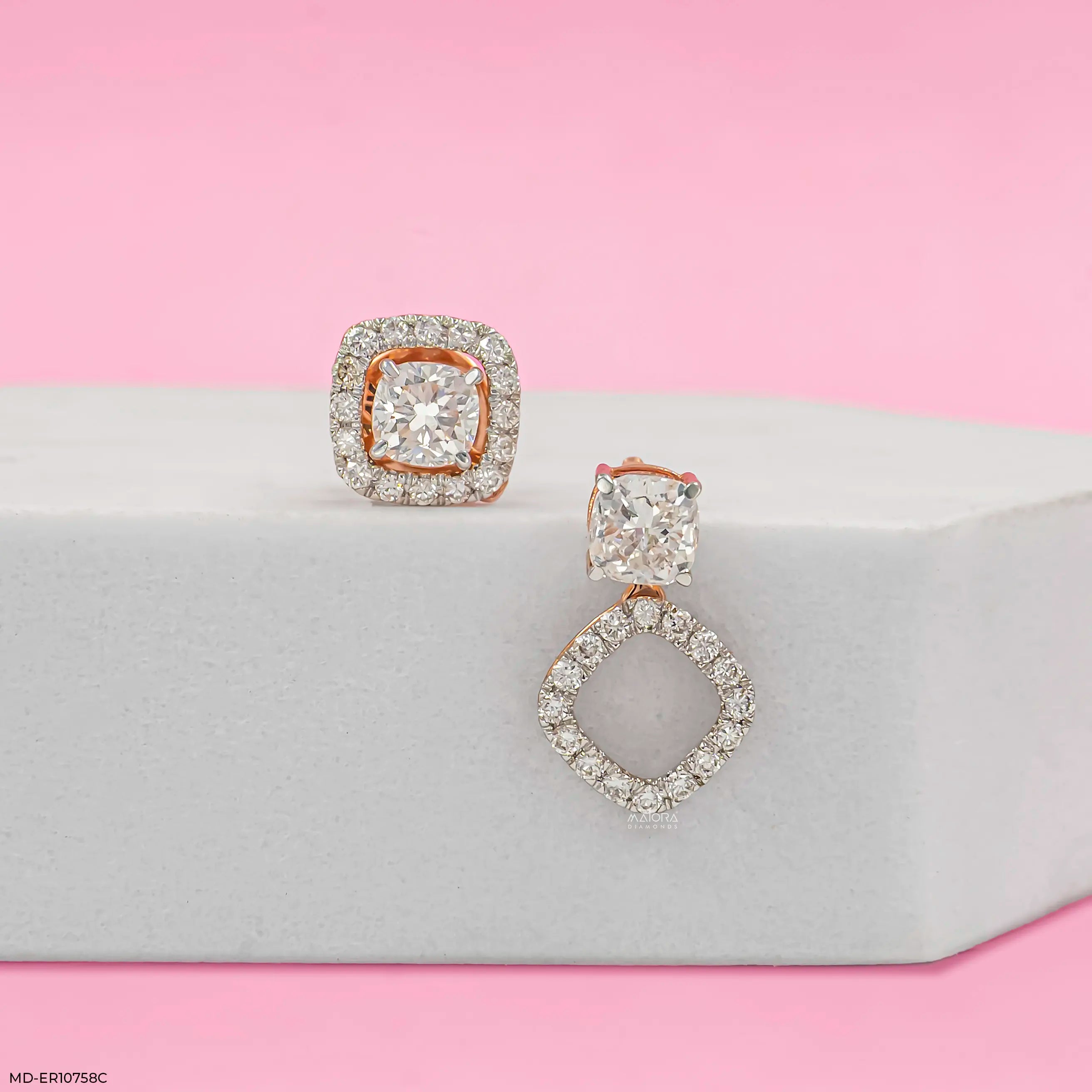 1.35 Carat Cusion Frame Lab Diamond Earrings 14K Rose Gold